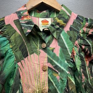 Farm Rio Shirt Womens Small Pink Kelly Green Tropical Leaf Ruffle Pom Pom Boho